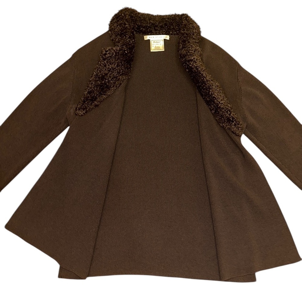 Y2K Max Studio Brown Knitwear Faux Fur Trim Duster Cardigan Sweater - Size XL